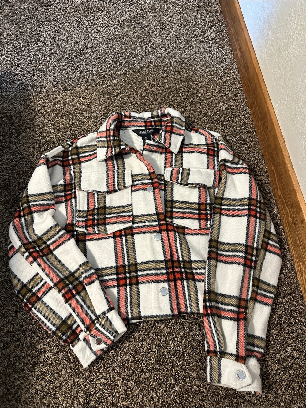 Jou Jou White Plaid Jacket with Black and Orange Stripes